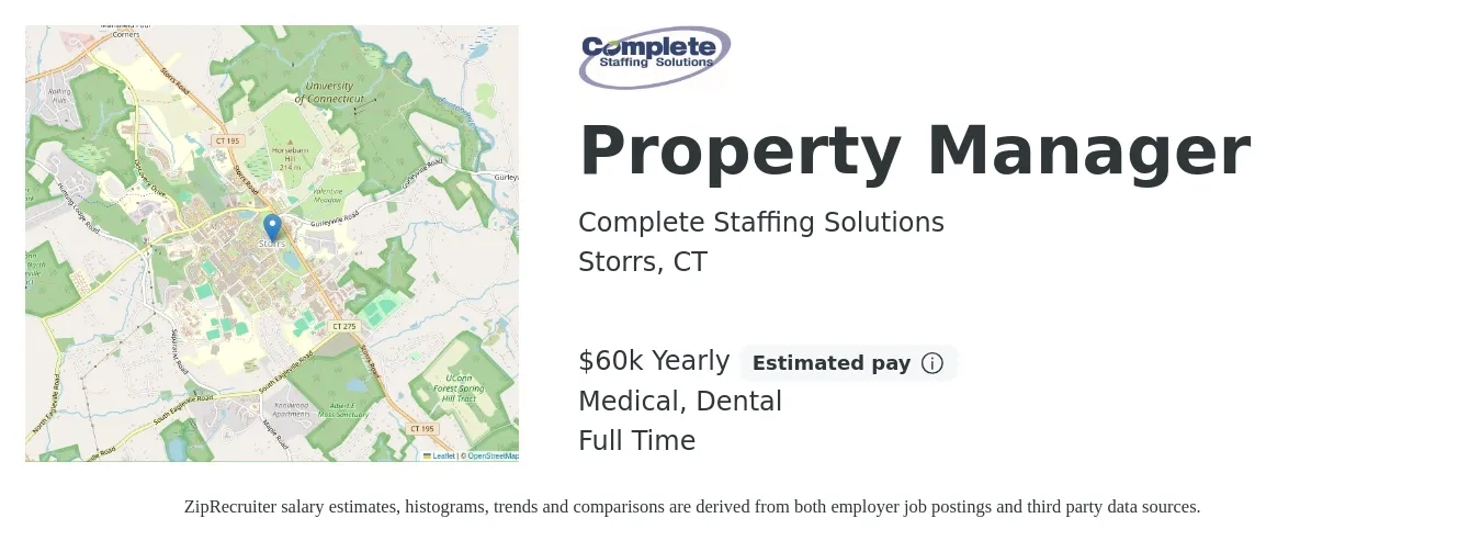 Complete Staffing Solutions job posting for a Property Manager in Storrs, CT with a salary of $60,000 Yearly and benefits including dental, and medical with a map of Storrs location.