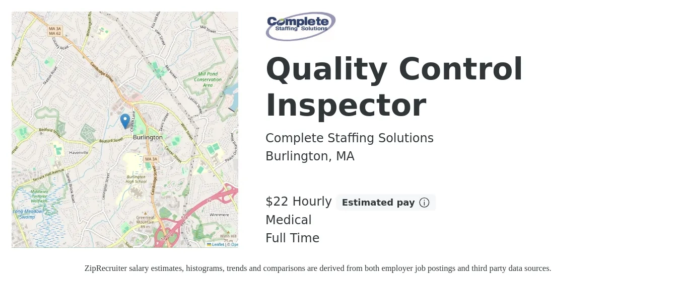 Complete Staffing Solutions job posting for a Quality Control Inspector in Burlington, MA with a salary of $23 Hourly and benefits including medical with a map of Burlington location.