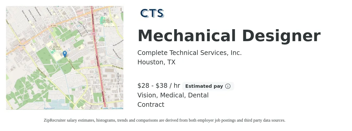 Complete Technical Services, Inc. job posting for a Mechanical Designer in Houston, TX with a salary of $30 to $40 Hourly and benefits including retirement, vision, dental, life_insurance, and medical with a map of Houston location.