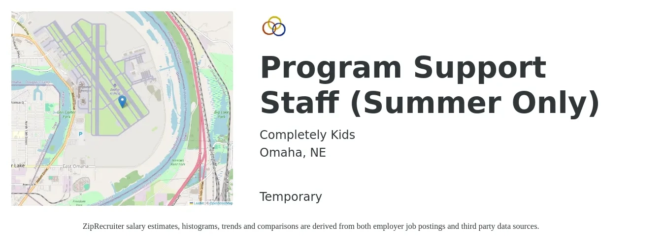 Completely Kids job posting for a Program Support Staff (Summer Only) in Omaha, NE with a salary of $40,200 to $46,900 Yearly with a map of Omaha location.