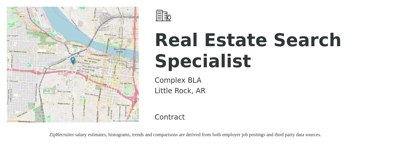 Complex BLA job posting for a Real Estate Search Specialist in Little Rock, AR with a salary of $3,500 Monthly with a map of Little Rock location.