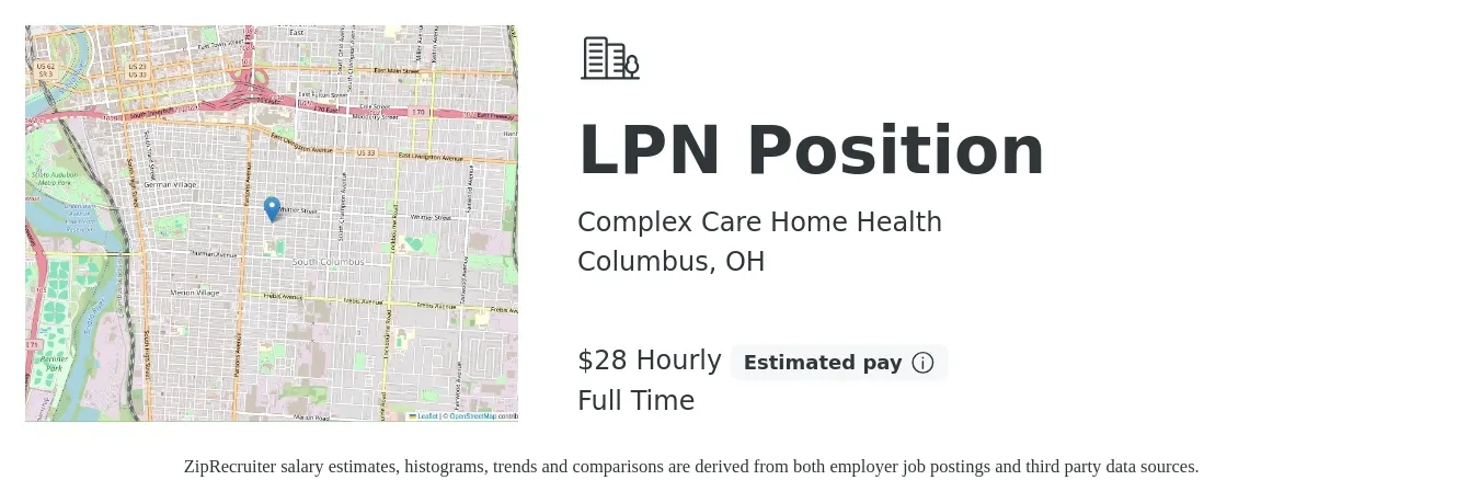 Complex Care Home Health job posting for a LPN Position in Columbus, OH with a salary of $30 Hourly and benefits including retirement with a map of Columbus location.