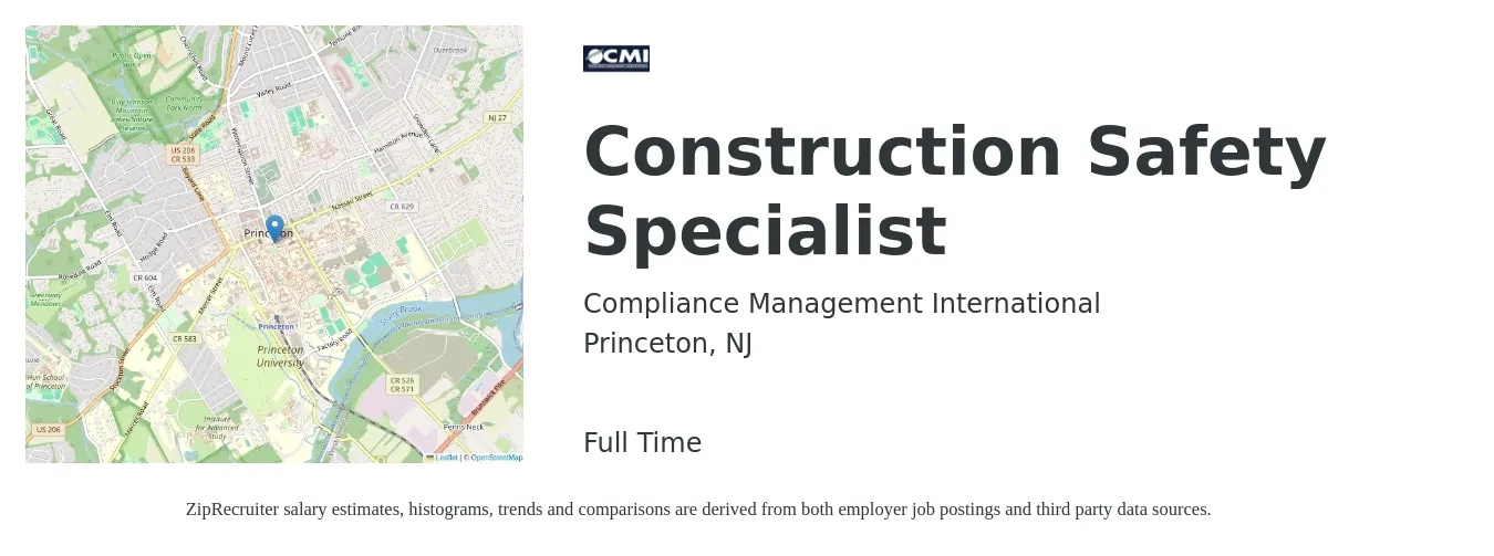 Compliance Management International job posting for a Construction Safety Specialist in Princeton, NJ with a salary of $48,700 to $77,600 Yearly with a map of Princeton location.