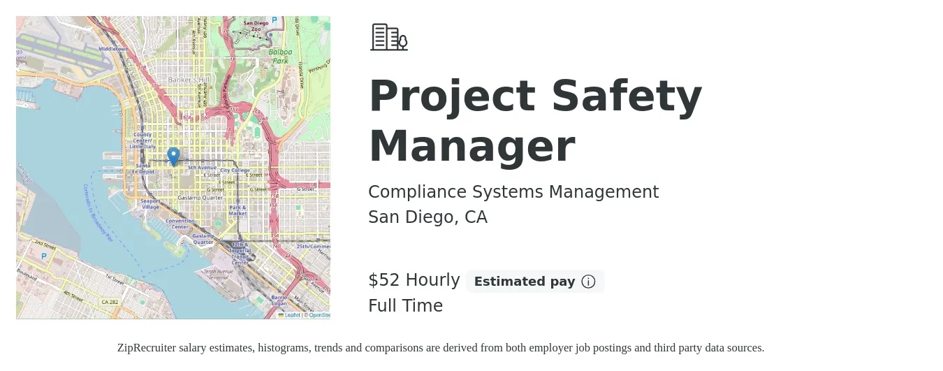 Compliance Systems Management job posting for a Project Safety Manager in San Diego, CA with a salary of $55 Hourly with a map of San Diego location.