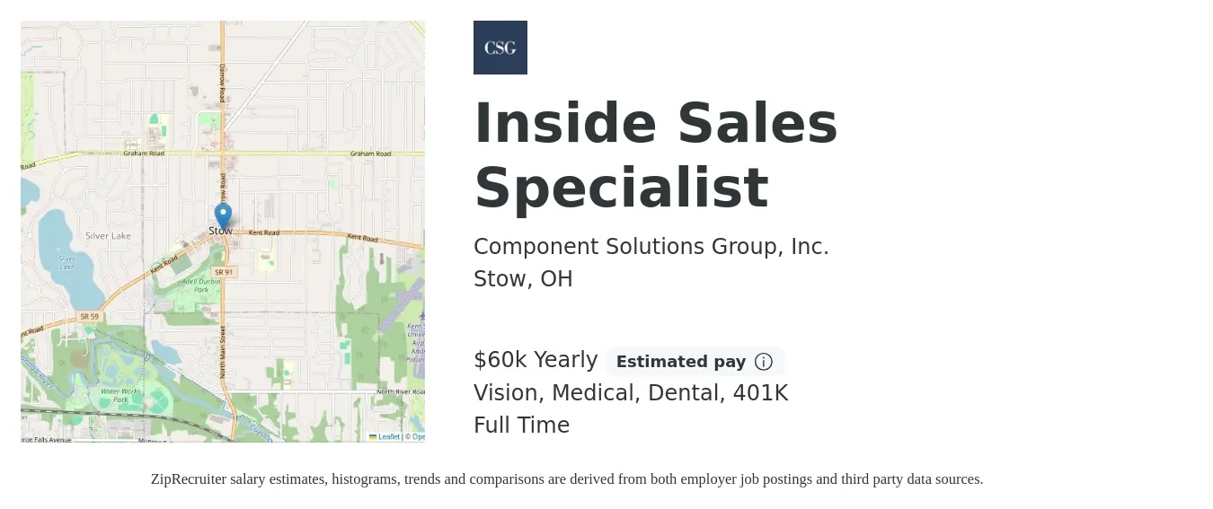 Component Solutions Group, Inc. job posting for a Inside Sales Specialist in Stow, OH with a salary of $60,500 Yearly and benefits including 401k, dental, life_insurance, medical, and vision with a map of Stow location.