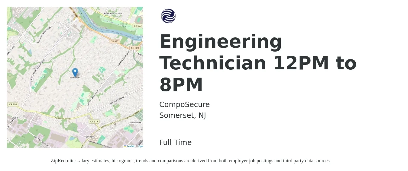 CompoSecure job posting for a Engineering Technician 12PM to 8PM in Somerset, NJ with a salary of $49,700 to $76,100 Yearly with a map of Somerset location.