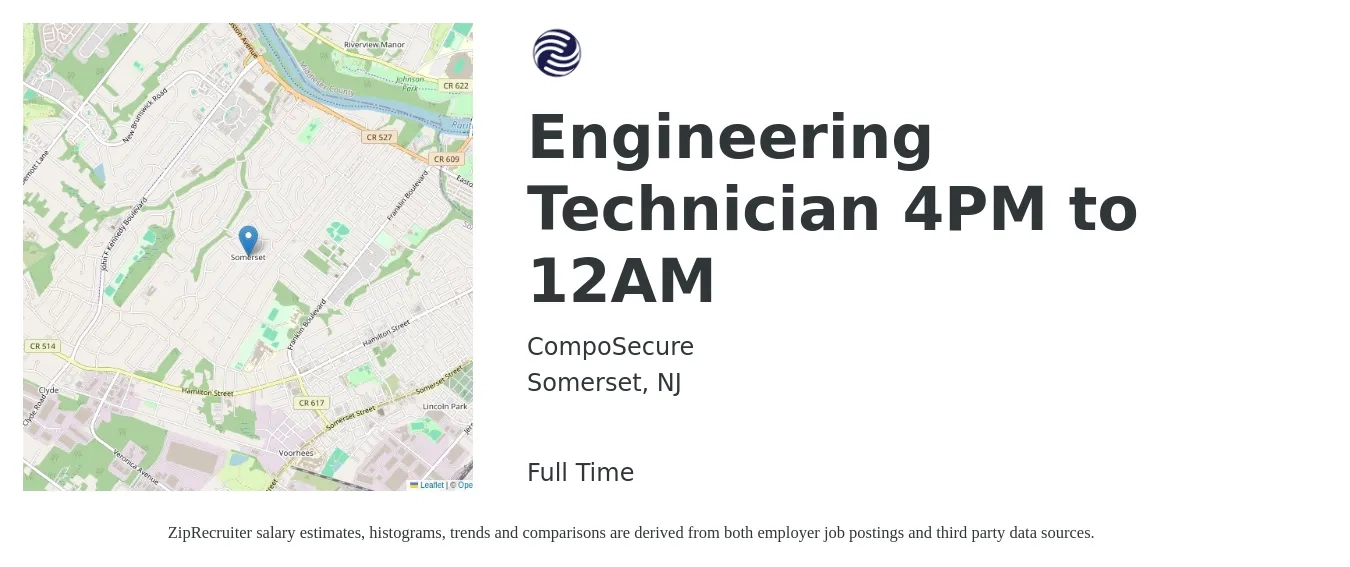 CompoSecure job posting for a Engineering Technician 4PM to 12AM in Somerset, NJ with a salary of $49,700 to $76,100 Yearly with a map of Somerset location.