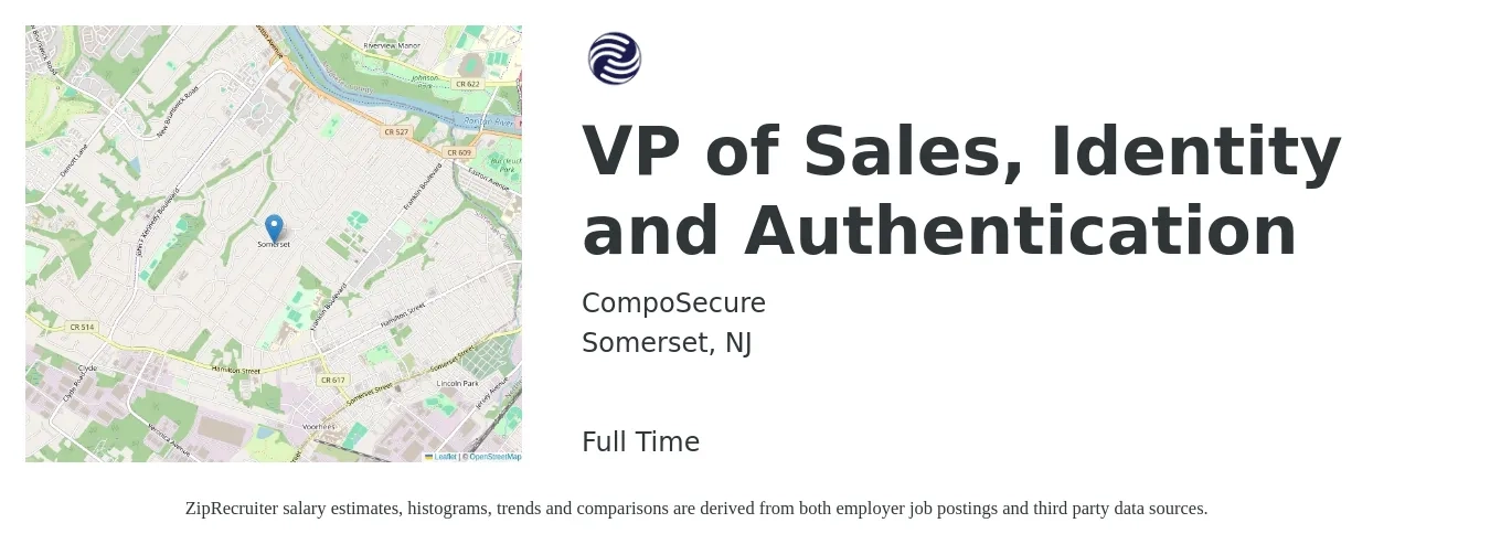 CompoSecure job posting for a VP of Sales, Identity and Authentication in Somerset, NJ with a salary of $132,100 to $206,000 Yearly with a map of Somerset location.