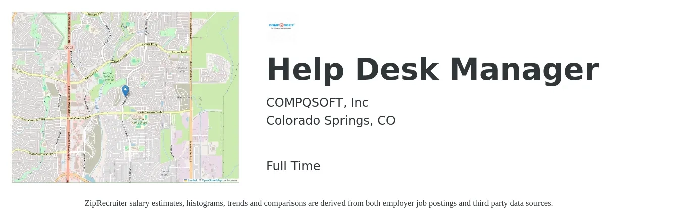COMPQSOFT, Inc job posting for a Help Desk Manager in Colorado Springs, CO with a salary of $65,200 to $98,700 Yearly with a map of Colorado Springs location.