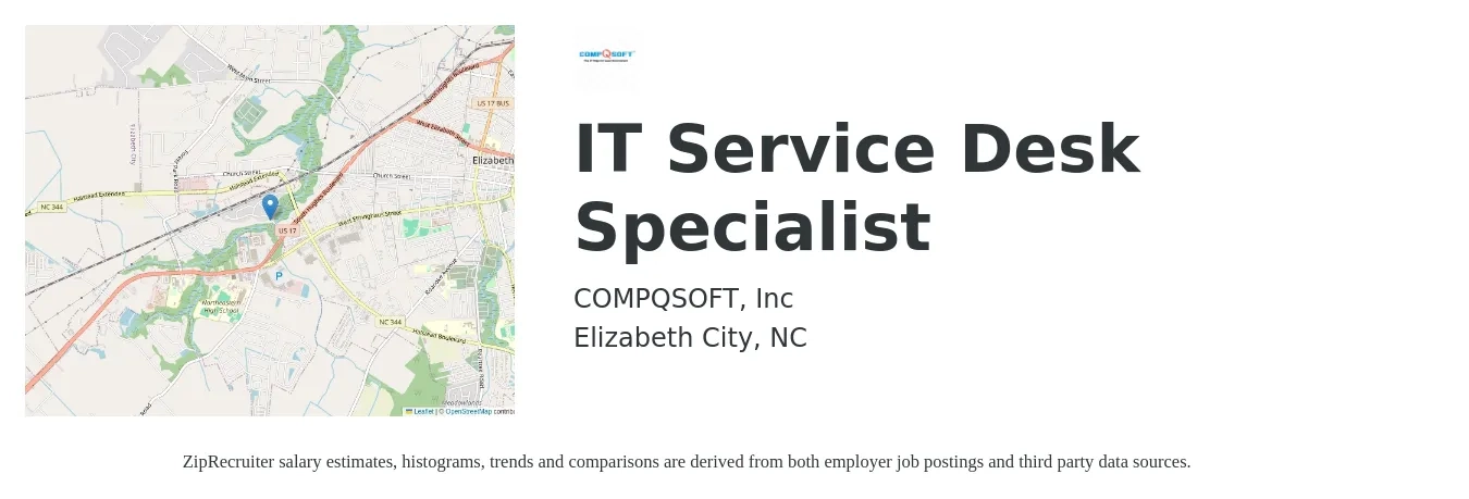 CompQsoft job posting for a IT Service Desk Specialist in Elizabeth City, NC with a salary of $20 to $28 Hourly with a map of Elizabeth City location.