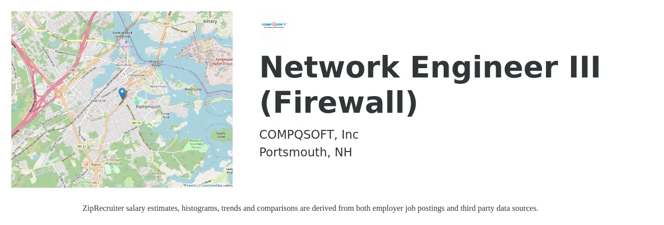 CompQsoft job posting for a Network Engineer III (Firewall) in Portsmouth, NH with a salary of $48 to $70 Hourly with a map of Portsmouth location.