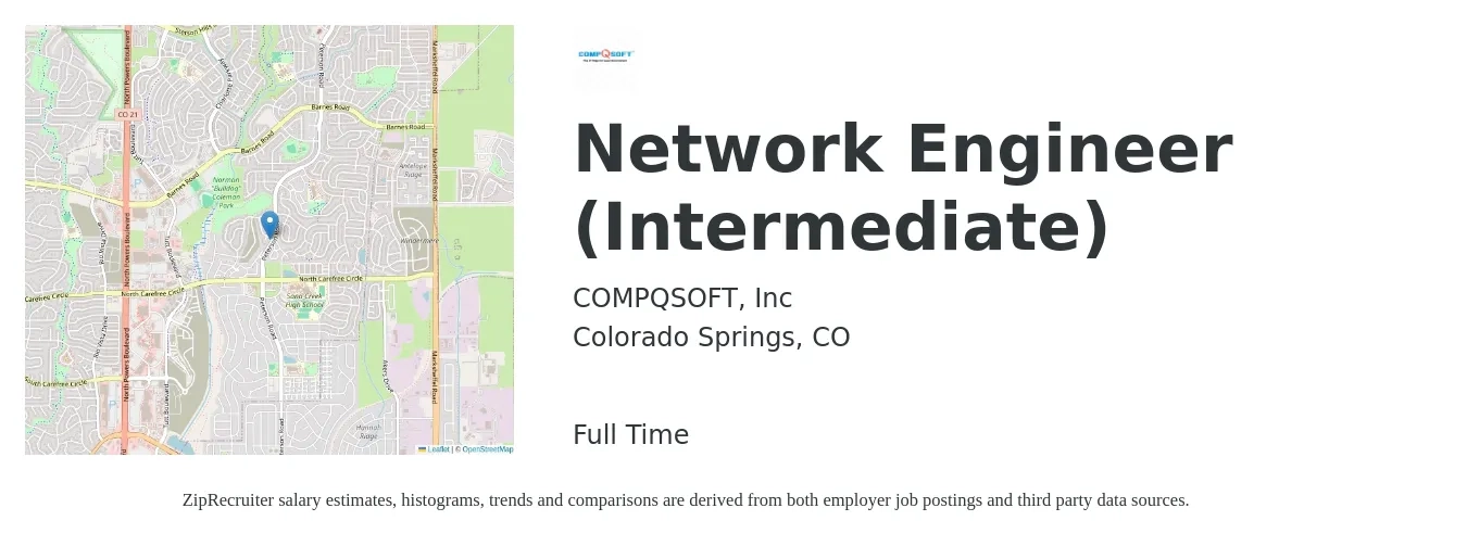 COMPQSOFT, Inc job posting for a Network Engineer (Intermediate) in Colorado Springs, CO with a salary of $87,900 to $131,800 Yearly with a map of Colorado Springs location.