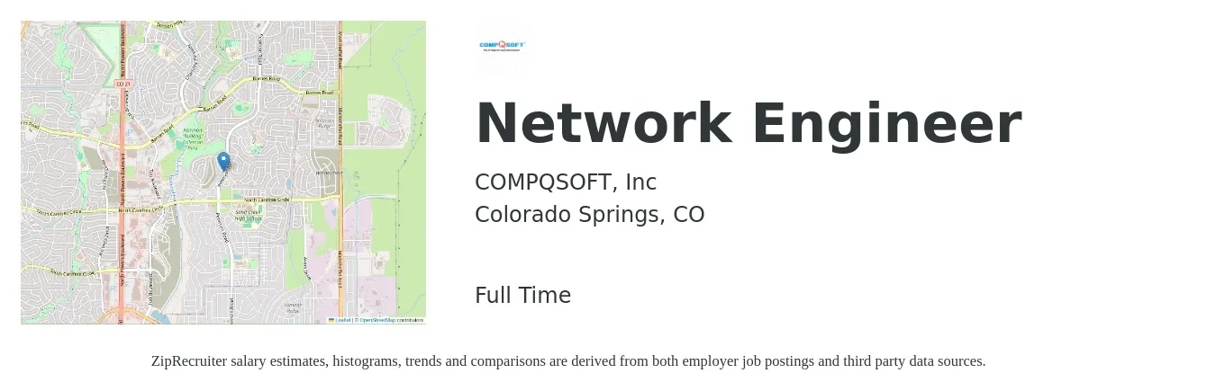 CompQsoft Inc. job posting for a Network Engineer in Colorado Springs, CO with a salary of $87,700 to $131,600 Yearly with a map of Colorado Springs location.