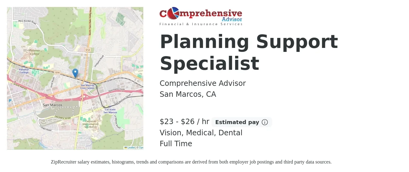 Comprehensive Advisor job posting for a Planning Support Specialist in San Marcos, CA with a salary of $50,000 to $60,000 Yearly and benefits including medical, retirement, and dental with a map of San Marcos location.