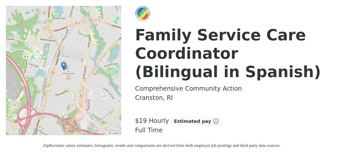 Comprehensive Community Action job posting for a Family Service Care Coordinator (Bilingual in Spanish) in Cranston, RI with a salary of $20 Hourly with a map of Cranston location.