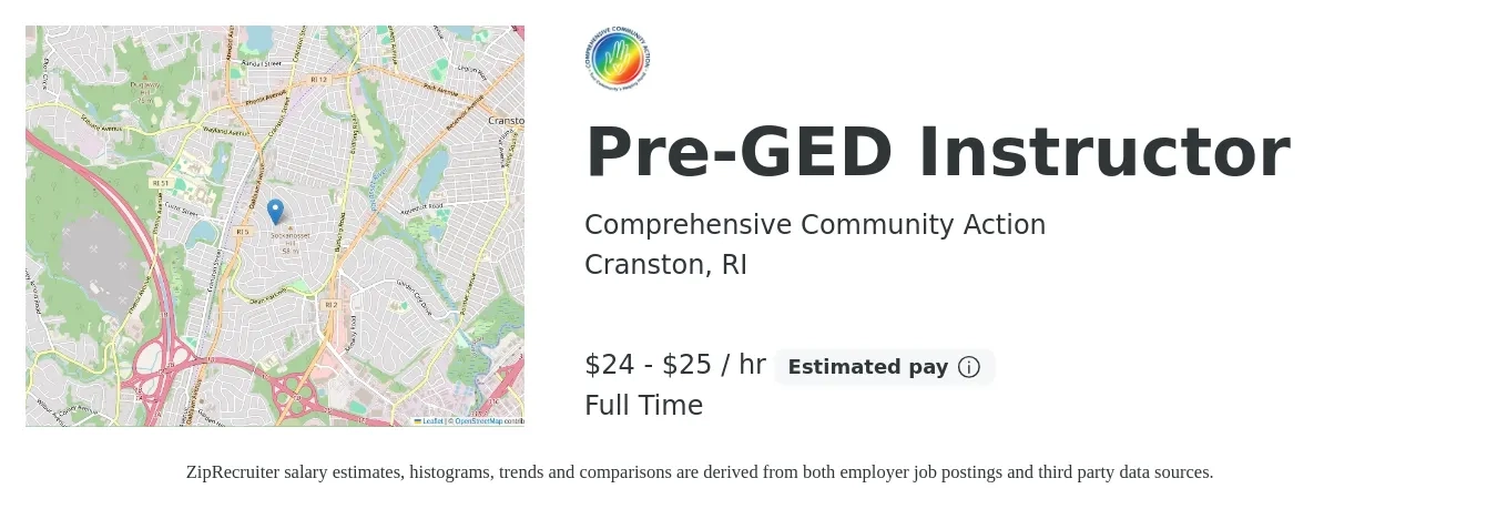 Comprehensive Community Action job posting for a Pre-GED Instructor in Cranston, RI with a salary of $25 to $26 Hourly with a map of Cranston location.