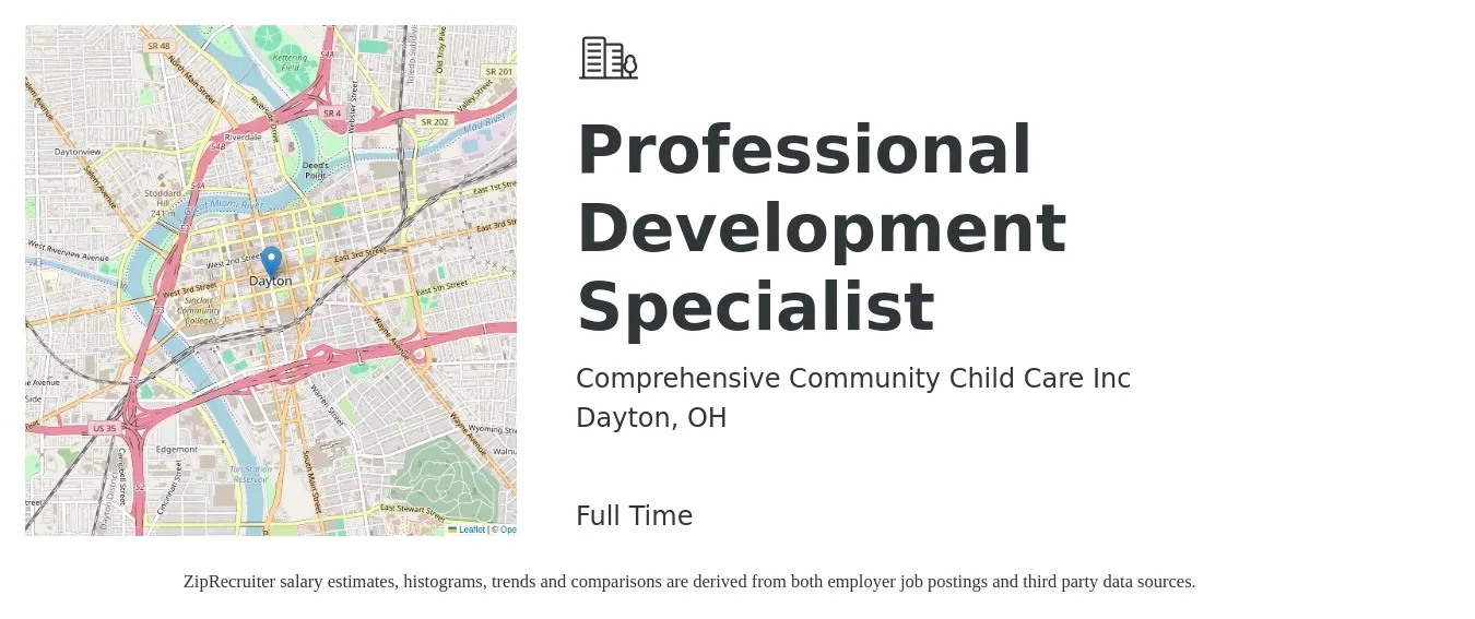 Comprehensive Community Child Care Inc job posting for a Professional Development Specialist in Dayton, OH with a salary of $50,000 to $96,100 Yearly with a map of Dayton location.