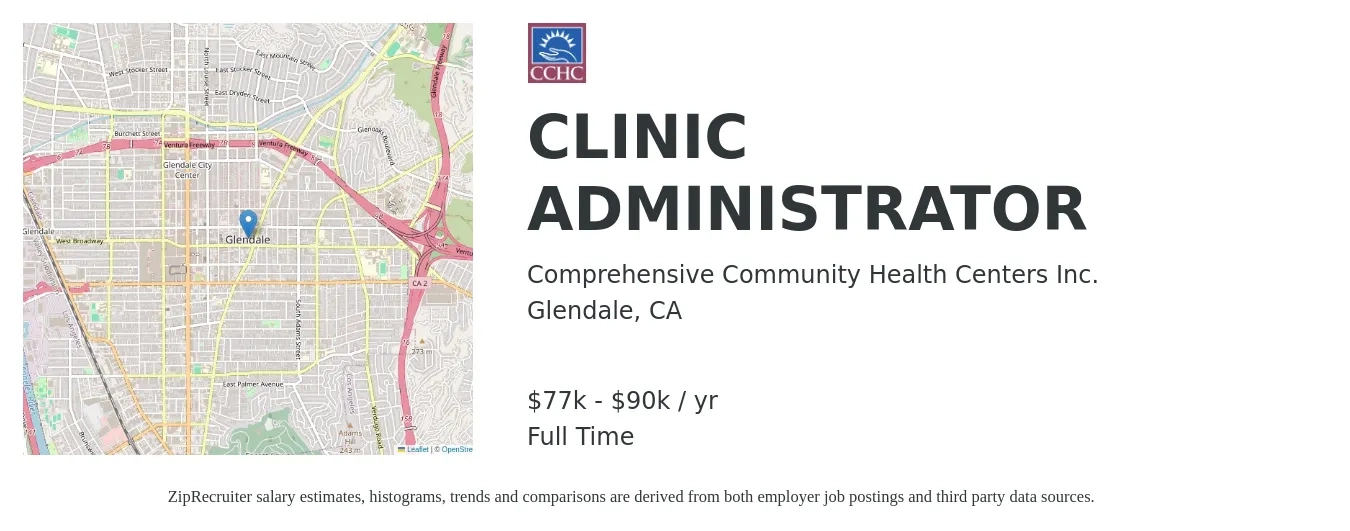 Comprehensive Community Health Centers Inc. job posting for a CLINIC ADMINISTRATOR in Glendale, CA with a salary of $77,000 to $90,000 Yearly with a map of Glendale location.