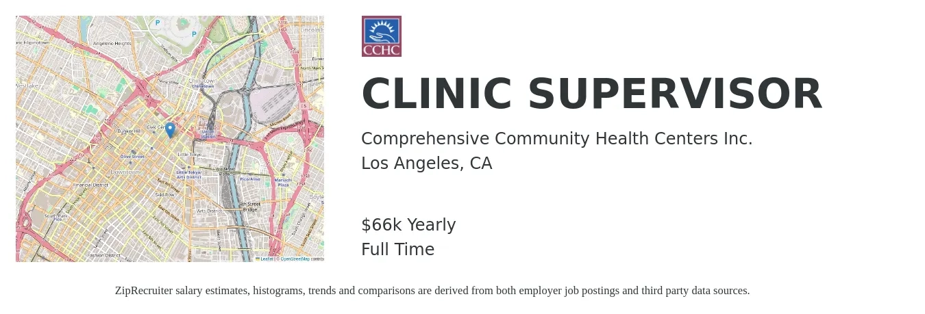 Comprehensive Community Health Centers Inc. job posting for a CLINIC SUPERVISOR in Los Angeles, CA with a salary of $66,560 Yearly with a map of Los Angeles location.