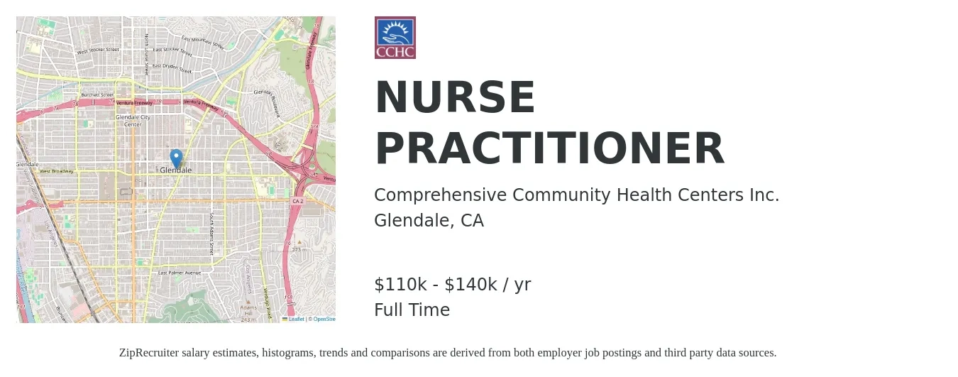 Comprehensive Community Health Centers Inc. job posting for a NURSE PRACTITIONER in Glendale, CA with a salary of $110,000 to $140,000 Yearly with a map of Glendale location.
