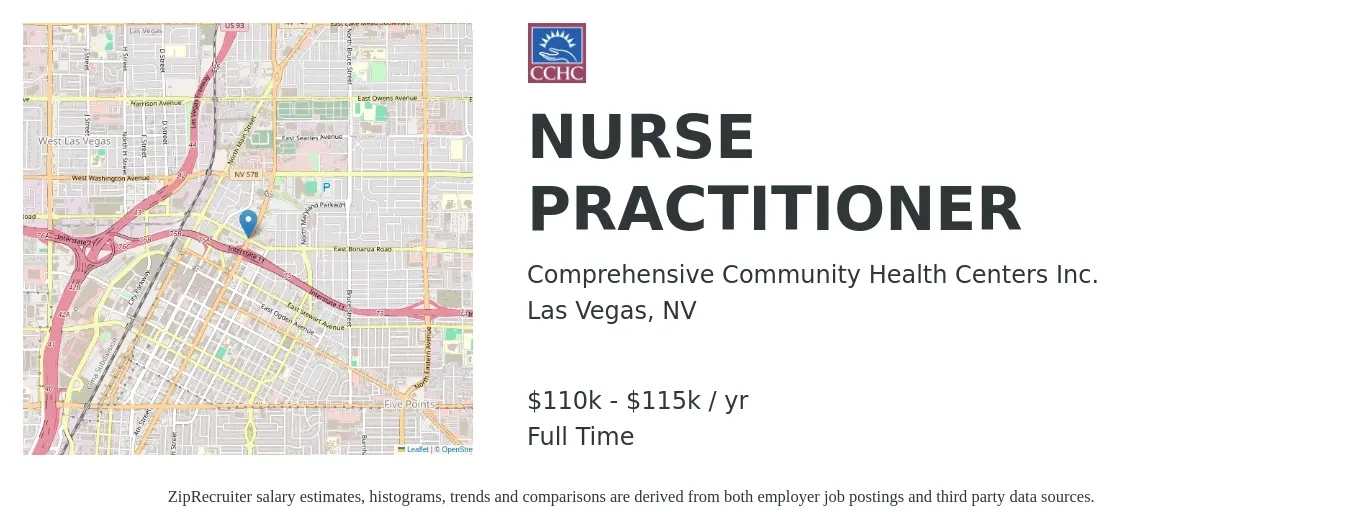 Comprehensive Community Health Centers Inc. job posting for a NURSE PRACTITIONER in Las Vegas, NV with a salary of $110,000 to $115,000 Yearly with a map of Las Vegas location.
