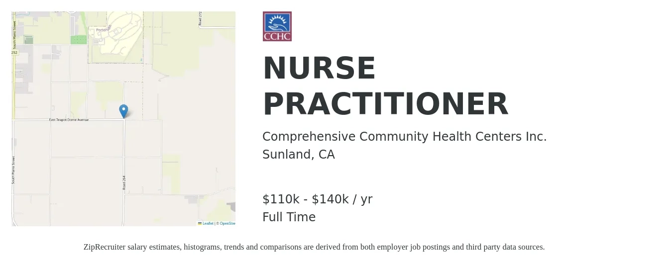 Comprehensive Community Health Centers Inc. job posting for a NURSE PRACTITIONER in Sunland, CA with a salary of $110,000 to $140,000 Yearly with a map of Sunland location.