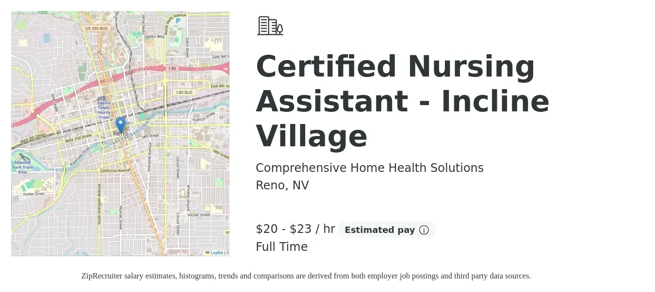 Comprehensive Home Health Solutions job posting for a Certified Nursing Assistant - Incline Village in Reno, NV with a salary of $21 to $24 Hourly with a map of Reno location.