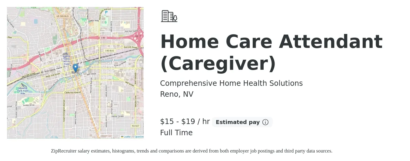 Comprehensive Home Health Solutions job posting for a Home Care Attendant (Caregiver) in Reno, NV with a salary of $16 to $20 Hourly with a map of Reno location.
