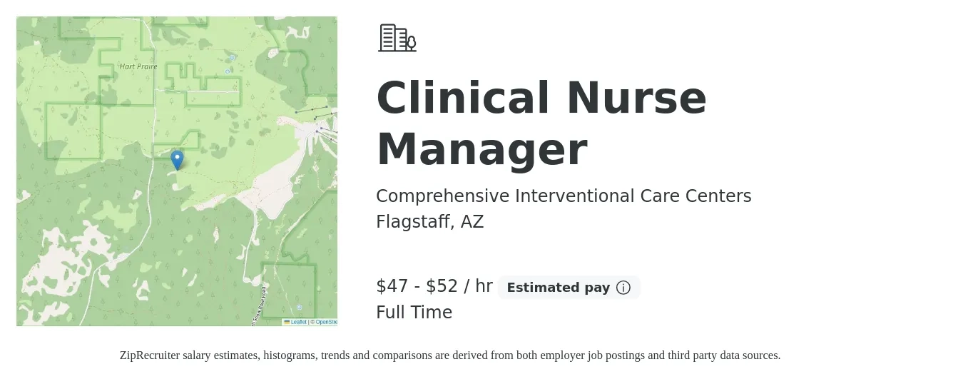 Comprehensive Interventional Care Centers job posting for a Clinical Nurse Manager in Flagstaff, AZ with a salary of $102,000 to $112,500 Yearly with a map of Flagstaff location.