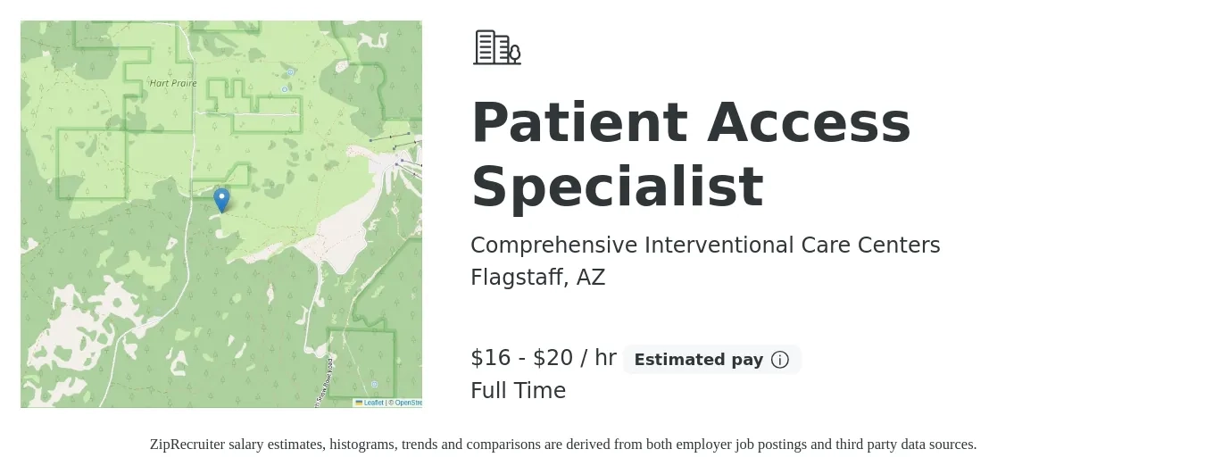 Comprehensive Interventional Care Centers job posting for a Patient Access Specialist in Flagstaff, AZ with a salary of $17 to $21 Hourly with a map of Flagstaff location.