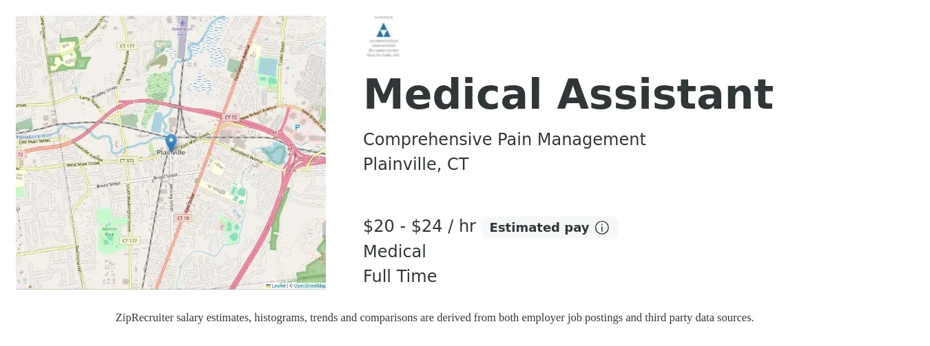Comprehensive Pain Management job posting for a Medical Assistant in Plainville, CT with a salary of $22 to $25 Hourly and benefits including medical, pto, and retirement with a map of Plainville location.