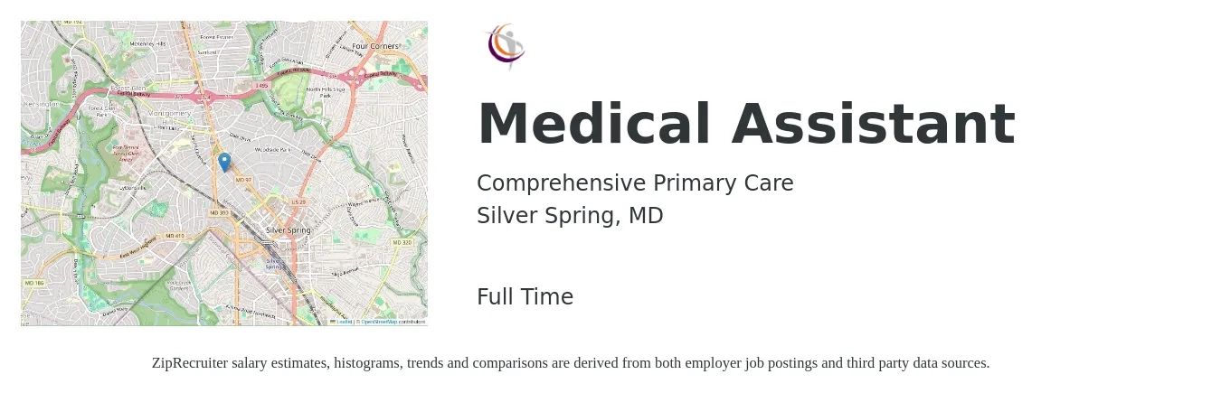 Comprehensive Primary Care job posting for a Medical Assistant in Silver Spring, MD with a salary of $20 to $23 Hourly with a map of Silver Spring location.