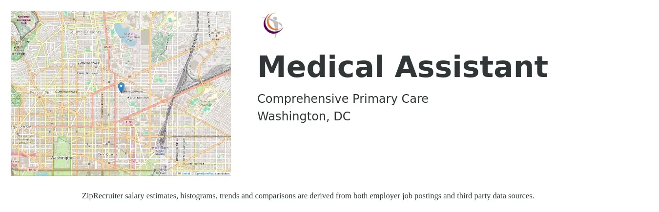 Comprehensive Primary Care job posting for a Medical Assistant in Washington, DC with a salary of $21 to $23 Hourly with a map of Washington location.