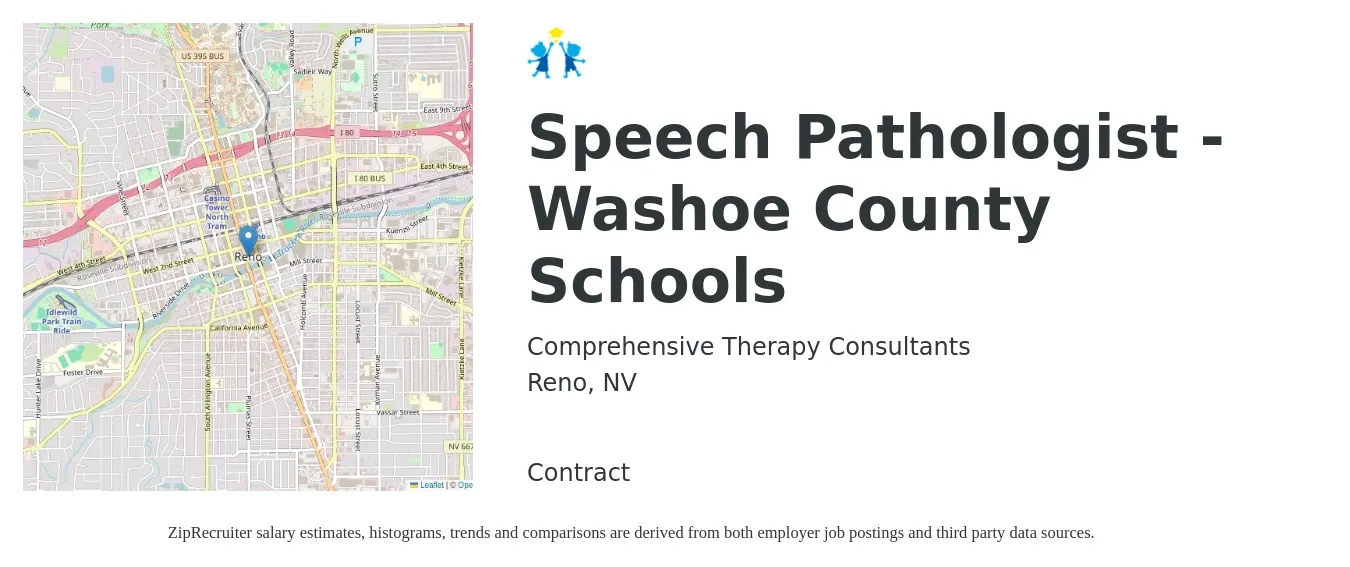 Comprehensive Therapy Consultants job posting for a Speech Pathologist - Washoe County Schools in Reno, NV with a salary of $39 to $53 Hourly with a map of Reno location.