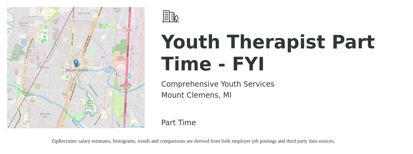 Comprehensive Youth Services job posting for a Youth Therapist Part Time - FYI in Mount Clemens, MI with a salary of $47,800 to $62,900 Yearly with a map of Mount Clemens location.
