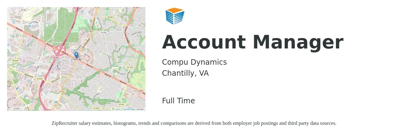 Compu Dynamics job posting for a Account Manager in Chantilly, VA with a salary of $86,000 to $120,000 Yearly with a map of Chantilly location.
