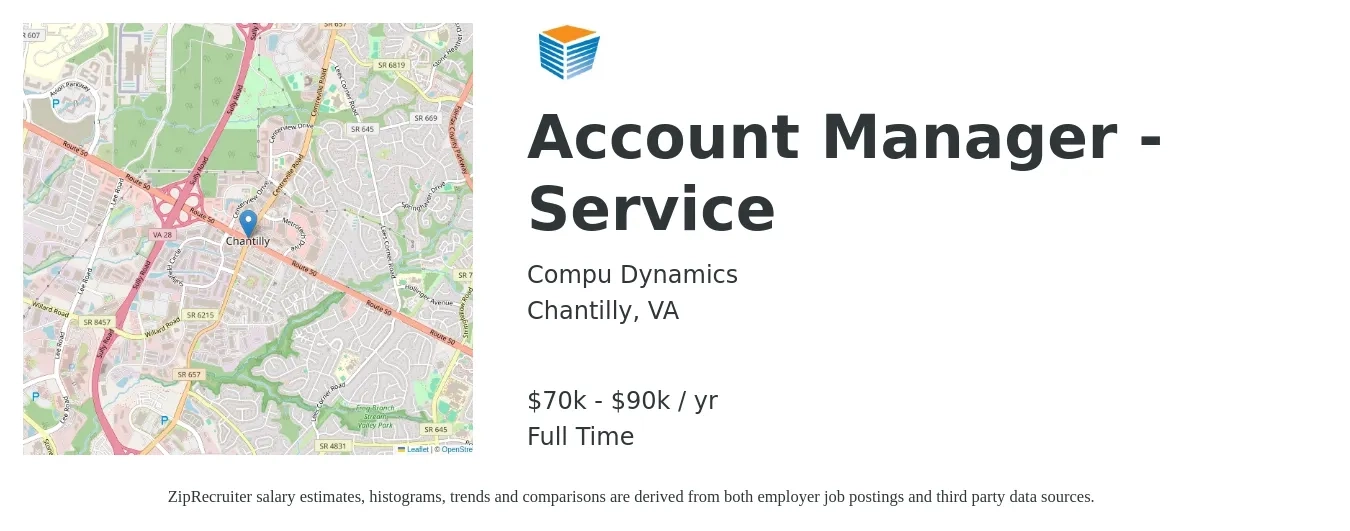 Compu Dynamics, job posting for a Account Manager - Service in Chantilly, VA with a salary of $70,000 to $90,000 Yearly and benefits including dental, life_insurance, medical, retirement, and vision with a map of Chantilly location.