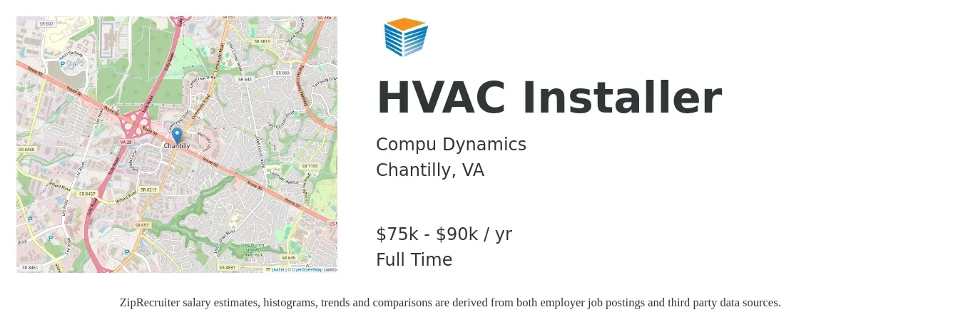 Compu Dynamics job posting for a HVAC Installer in Chantilly, VA with a salary of $75,000 to $90,000 Yearly with a map of Chantilly location.