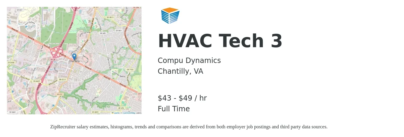 Compu Dynamics job posting for a HVAC Tech 3 in Chantilly, VA with a salary of $45 to $51 Hourly with a map of Chantilly location.
