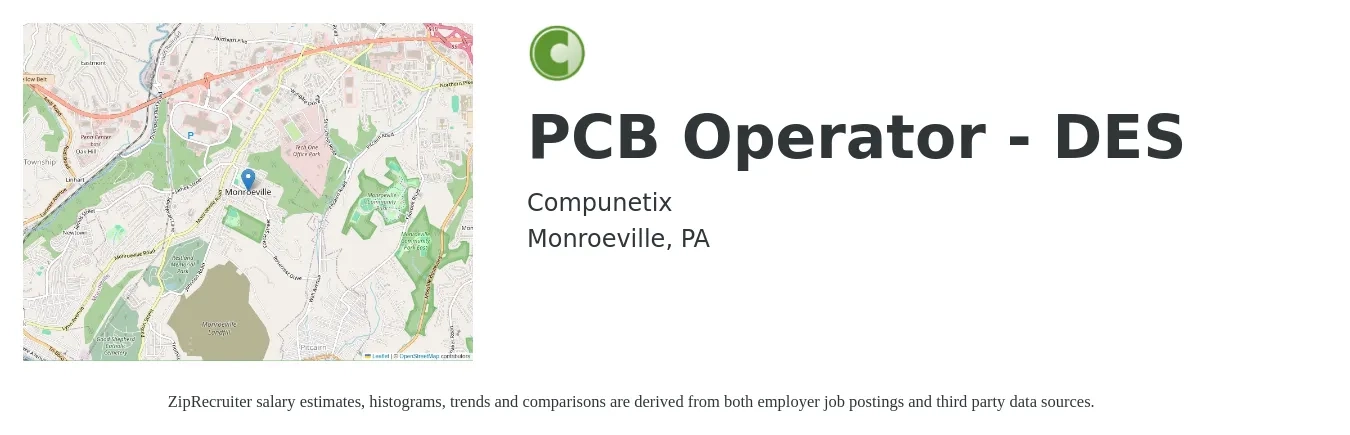 Compunetix job posting for a PCB Operator - DES in Monroeville, PA with a salary of $18 to $24 Hourly with a map of Monroeville location.
