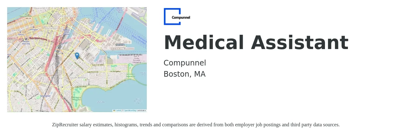 Compunnel job posting for a Medical Assistant in Boston, MA with a salary of $19 to $25 Hourly with a map of Boston location.