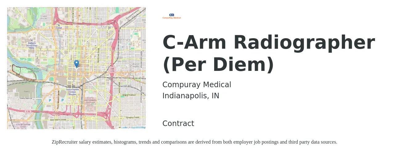 Compuray Medical job posting for a C-Arm Radiographer (Per Diem) in Indianapolis, IN with a salary of $52 to $55 Hourly with a map of Indianapolis location.