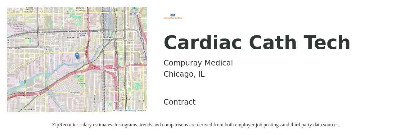 Compuray Medical job posting for a Cardiac Cath Tech in Chicago, IL with a salary of $2,400 to $2,900 Weekly with a map of Chicago location.