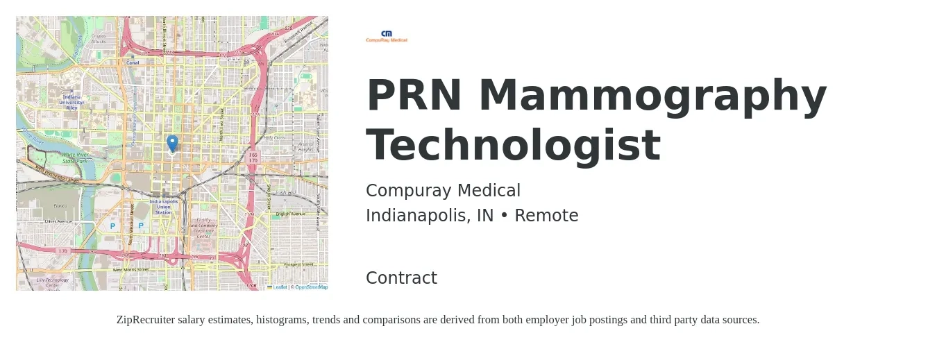 Compuray Medical job posting for a PRN Mammography Technologist in Indianapolis, IN with a salary of $55 to $62 Hourly with a map of Indianapolis location.