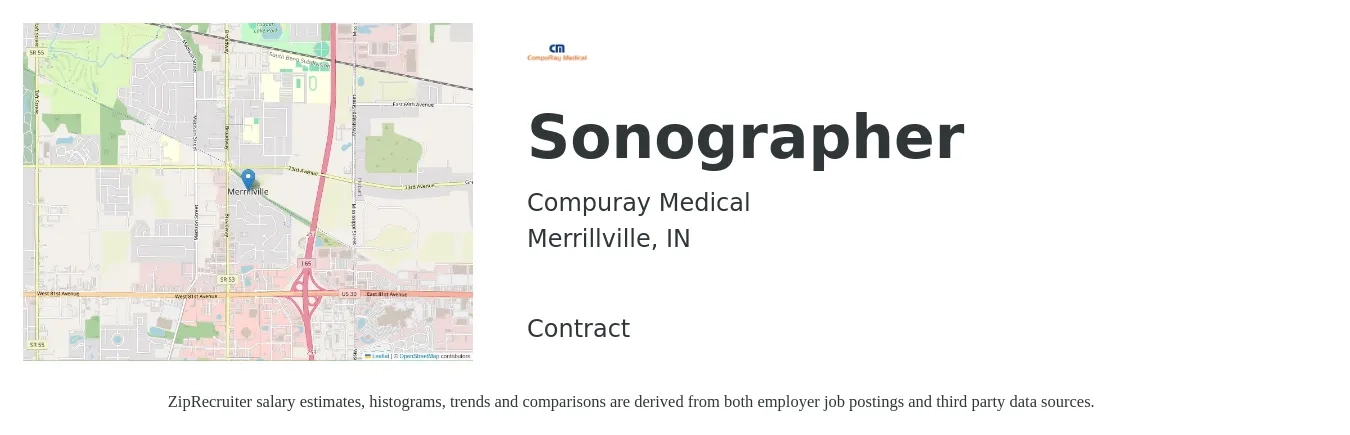 Compuray Medical job posting for a Sonographer in Merrillville, IN with a salary of $85,280 to $100,960 Yearly with a map of Merrillville location.