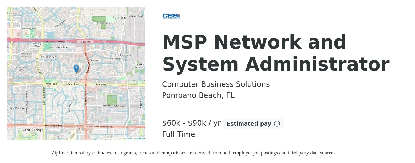 Computer Business Solutions job posting for a MSP Network and System Administrator in Pompano Beach, FL with a salary of $60,000 to $90,000 Yearly with a map of Pompano Beach location.