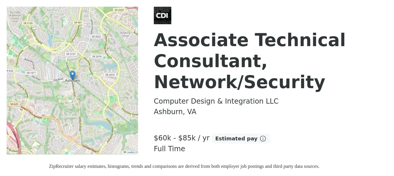 Computer Design & Integration LLC job posting for a Associate Technical Consultant, Network/Security in Ashburn, VA with a salary of $60,000 to $85,000 Yearly with a map of Ashburn location.