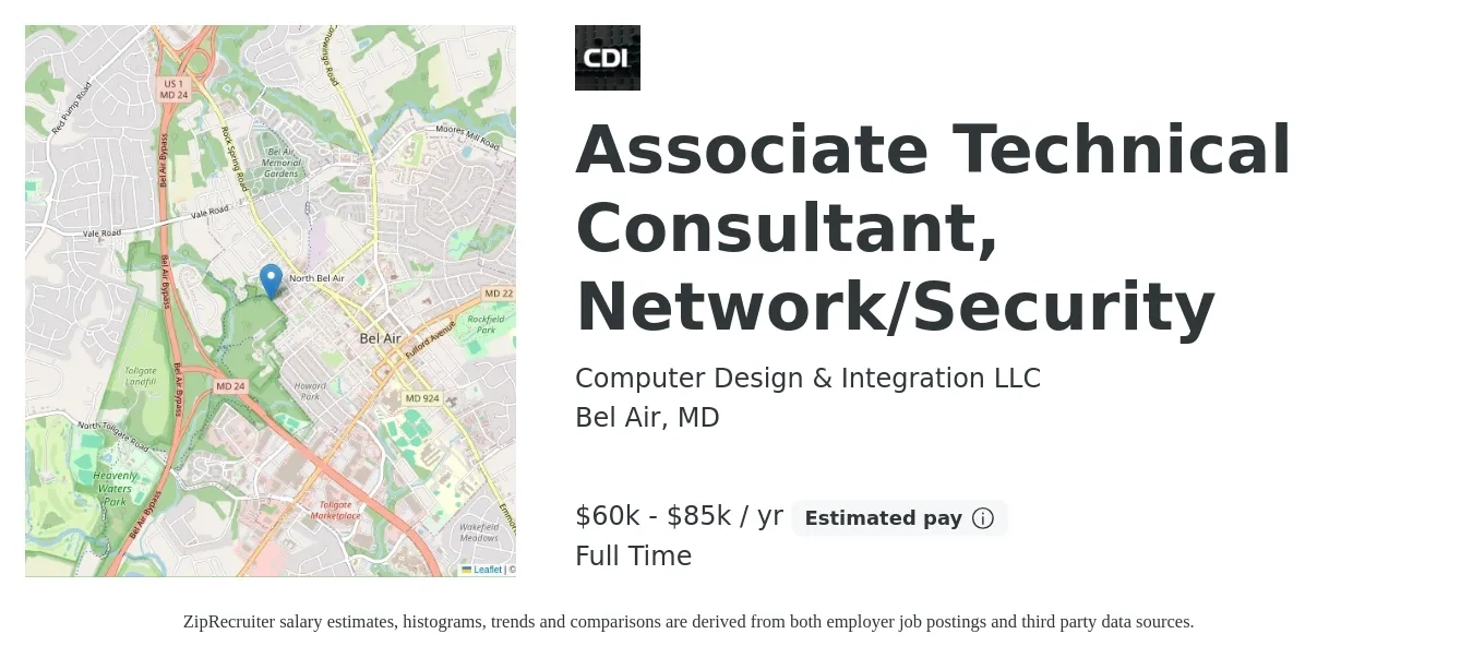 Computer Design & Integration LLC job posting for a Associate Technical Consultant, Network/Security in Bel Air, MD with a salary of $60,000 to $85,000 Yearly with a map of Bel Air location.