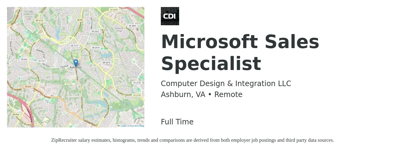 Computer Design & Integration LLC job posting for a Microsoft Sales Specialist in Ashburn, VA with a salary of $47,000 to $78,200 Yearly with a map of Ashburn location.