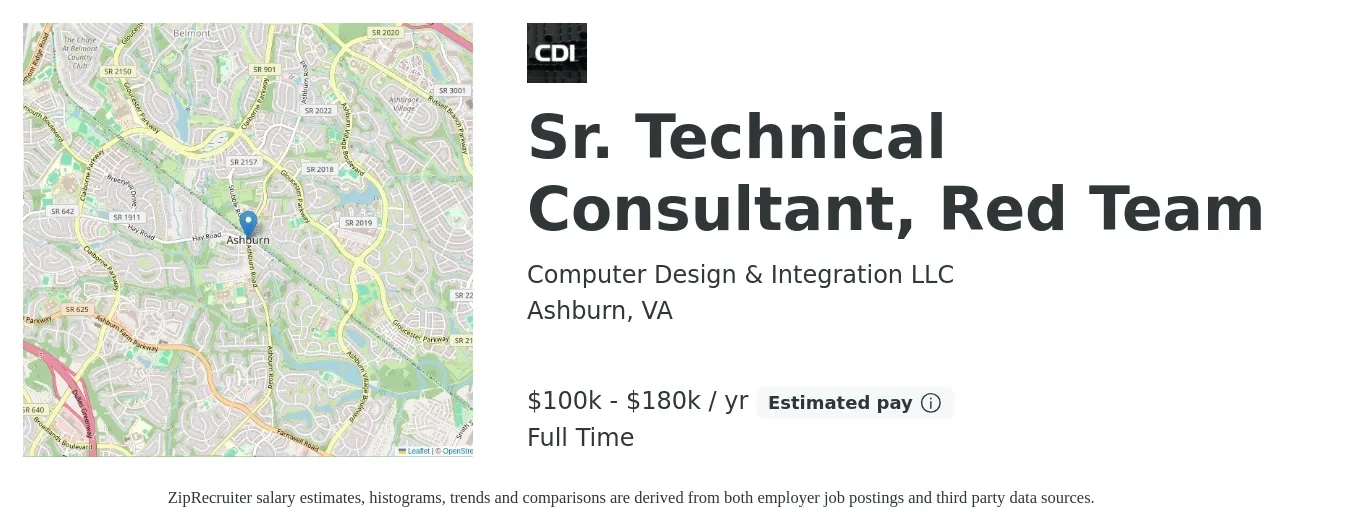 Computer Design & Integration LLC job posting for a Sr. Technical Consultant, Red Team in Ashburn, VA with a salary of $100,000 to $180,000 Yearly with a map of Ashburn location.